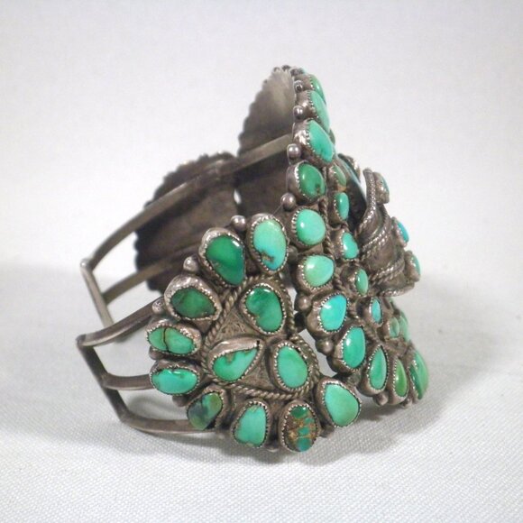 Vintage Cluster Navajo Turquoise Sterling Silver Cuff Bracelet Signed - Picture 3 of 8
